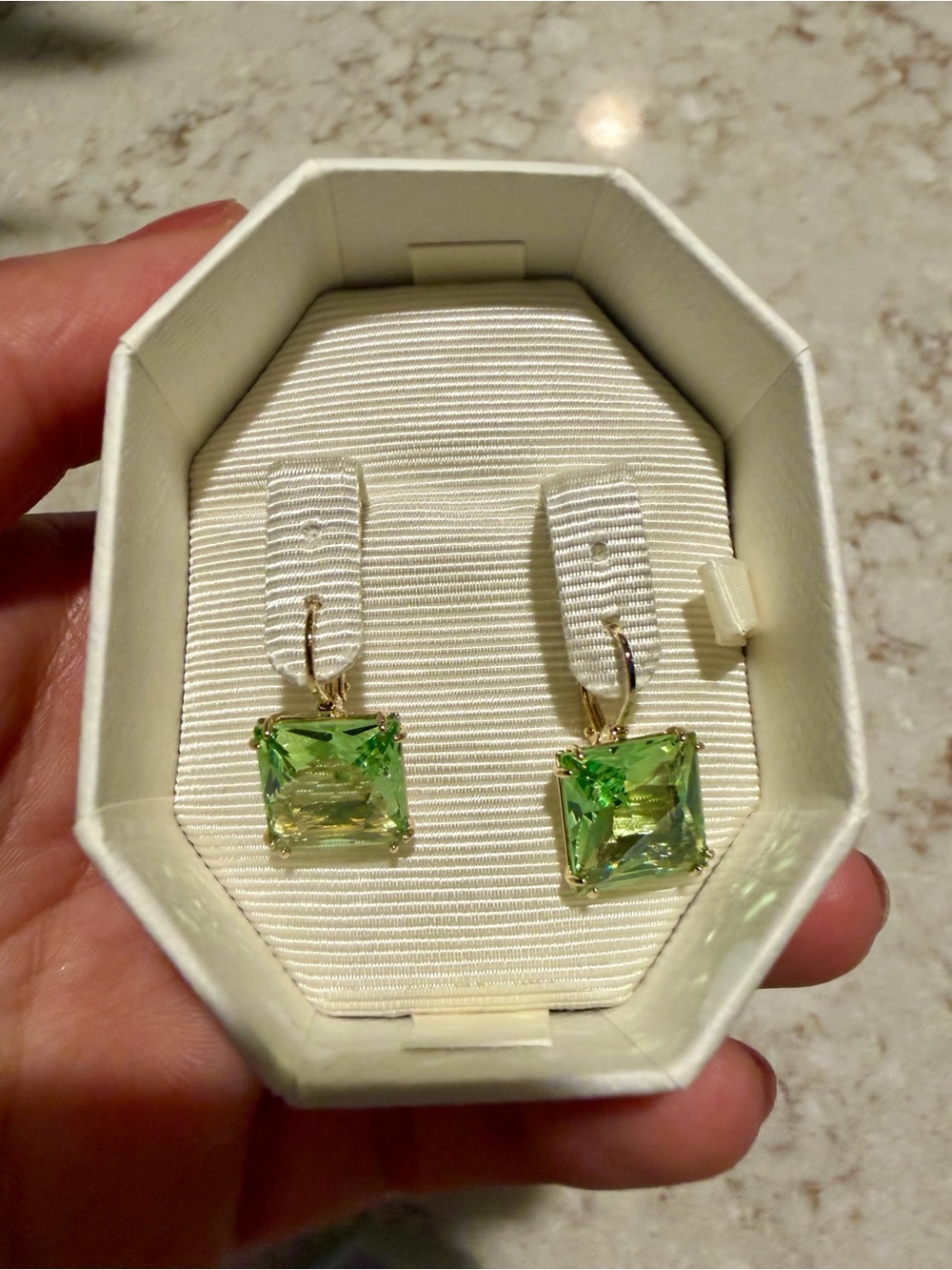 Swarovski 18K Gold Finish Drop Earrings with Square Peridot Green Stones
